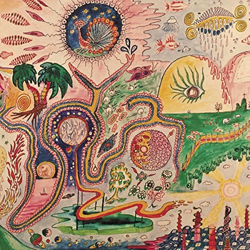"Vibrant, surreal album cover art with abstract shapes, eyes, and fantastical landscape."
