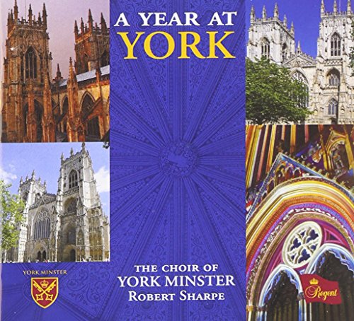 "CD cover with York Minster images and stained glass on blue background."