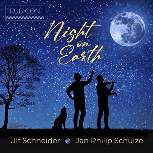 CD cover: silhouetted figures with a dog under a starry night and full moon.