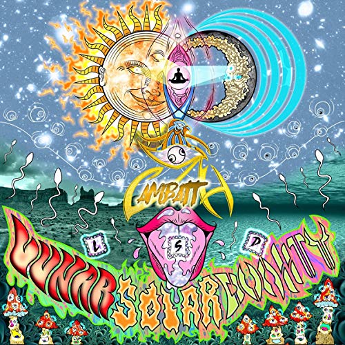 "Album cover art featuring a psychedelic sun, moon, and colorful, abstract landscape."