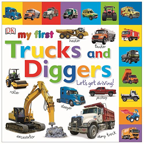 "Children's book cover featuring various trucks and diggers on a white and colorful background."
