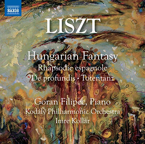CD cover with abstract painting and white text listing Franz Liszt's musical compositions.