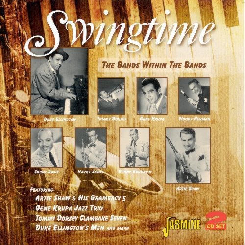 "CD cover with 'Swingtime' title, featuring black-and-white musician photos on a brown background."