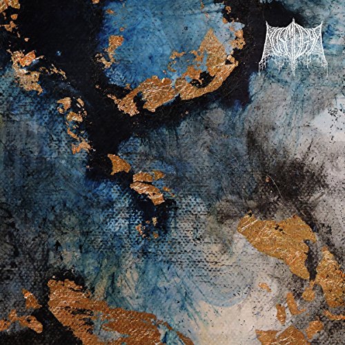 The image is an abstract album cover with a mix of blue, black, and gold colors. Here is a possible alt text: "Abstract album cover with blue, black, and gold colors, featuring a white logo."