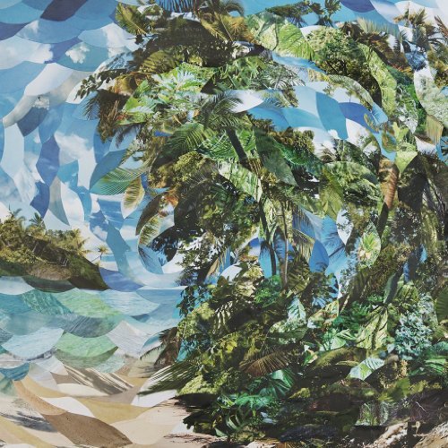 A vinyl record cover with a collage of a tropical beach scene.