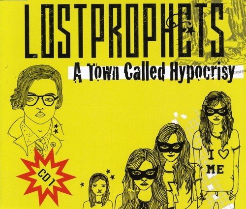 "Album cover with yellow background, black illustrations, and the band name 'Lostprophets' prominently displayed."