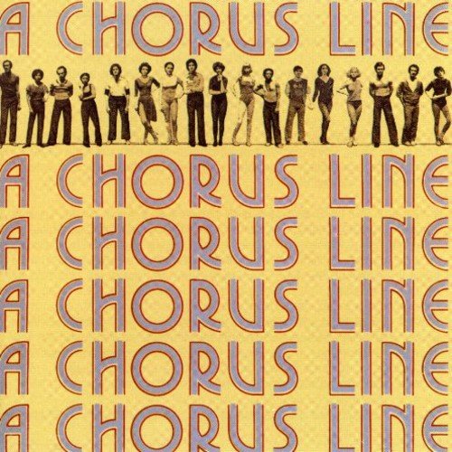 "Album cover for 'A Chorus Line' with dancers on a yellow background."