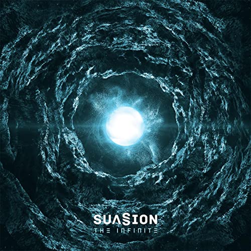 Dark blue abstract vortex with a bright central light, album cover.