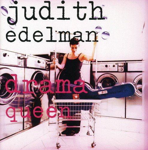 The alt text for the image is: "CD cover with woman in laundromat, holding skateboard, with 'drama queen' text."