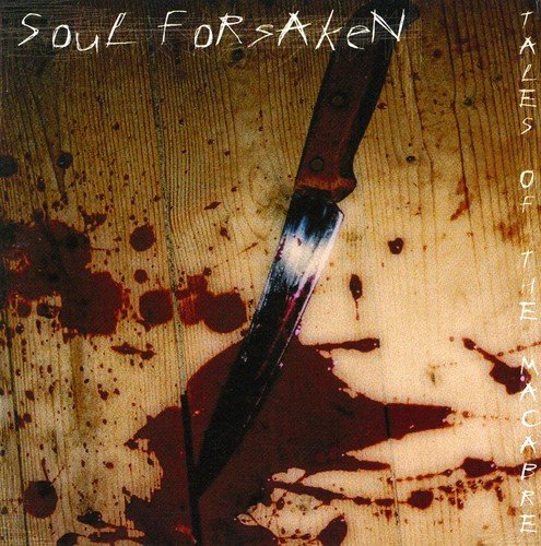 CD cover with a blood-splattered wooden surface and a large knife.