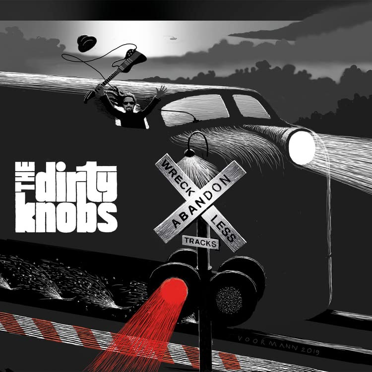 Black and white album cover featuring a car crash and red streaks.