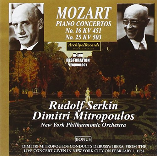 "CD cover featuring a garden scene, two portraits, and text about Mozart piano concertos."