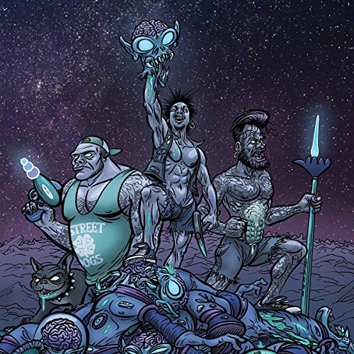 "Album cover art featuring three muscular, tattooed men and a dog against a starry night sky."
