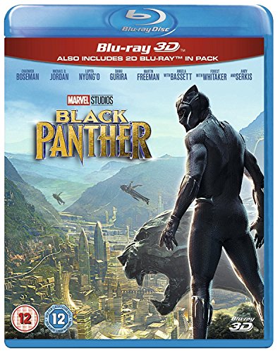 "Blu-ray case for 'Black Panther' with the main character standing over a city."