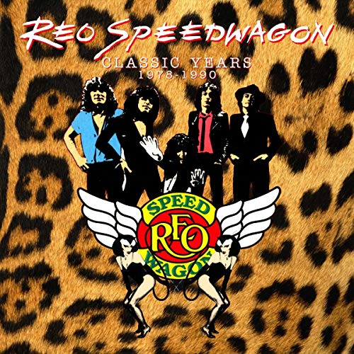 "CD cover featuring Reo Speedwagon band members on a leopard print background."