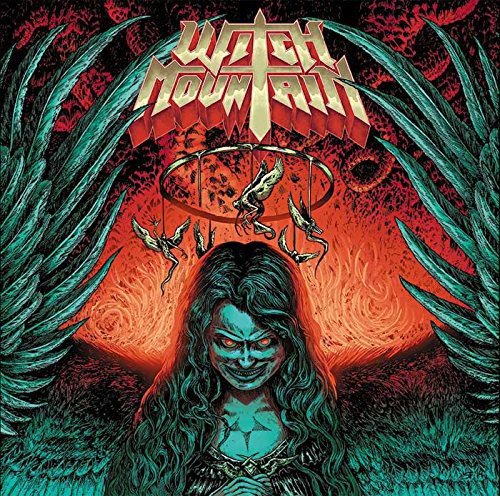 "Witch Mountain album cover with a woman and mobile of angels, dark fantasy artwork."