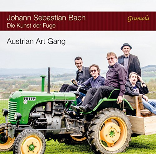 CD cover featuring five men riding on a green tractor in a rural landscape.