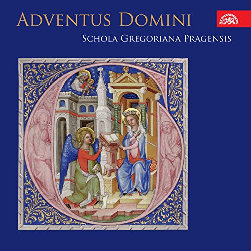 "CD cover featuring an illustration of the Annunciation on a blue background."