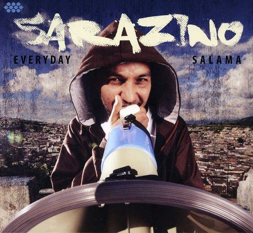 Man in a hoodie holding a megaphone, cityscape in the background, album cover.