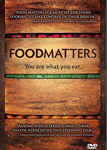 Food Matters" DVD cover with wood texture, fruits, and text.