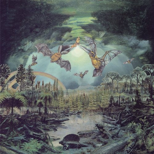 Fantasy landscape with bats flying over a forest and waterway.