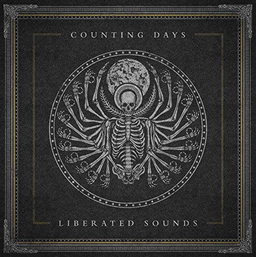 "Album cover with a black background, ornate border, and a central skeleton illustration."