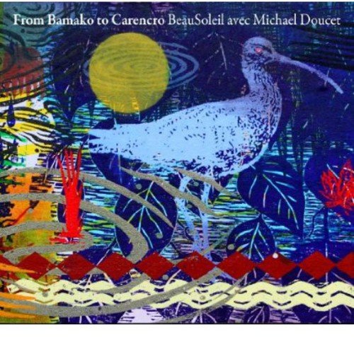 "Album cover with abstract illustration of a white heron, red flowers, and yellow moon."