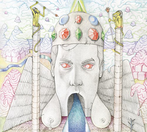 "Album cover featuring a surreal illustration of a face with a crown and frogs."