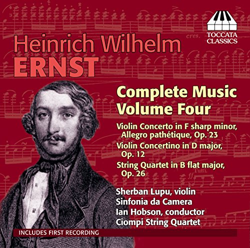 Red album cover with portrait of Heinrich Wilhelm Ernst and musical composition details.