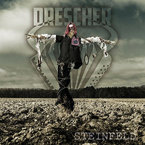 A scarecrow in a field with a skull face and tattered clothes.