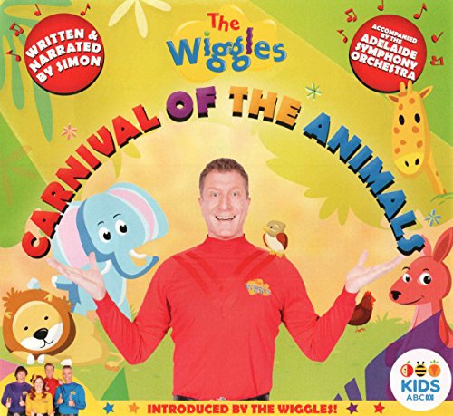 The Wiggles CD cover featuring animals, a performer, and colorful text.