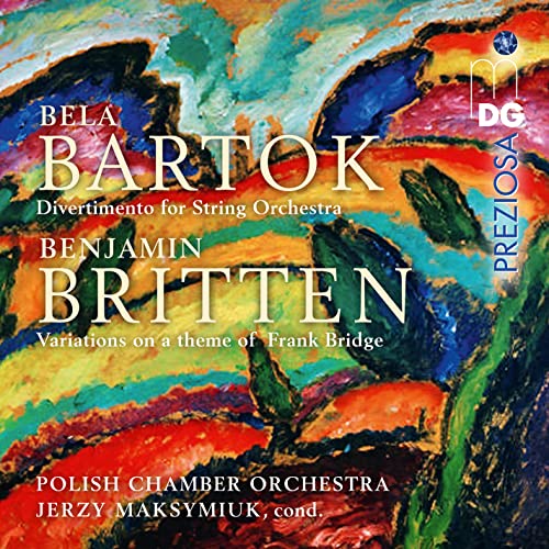 CD cover featuring colorful abstract art and composer names: Bartók & Britten.