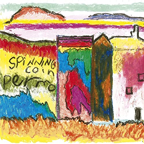 Crayon-style drawing of a colorful landscape with text reading Spinning Coin Permo.