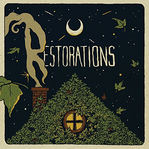 Restorations" album cover: illustrated night scene with a house and crescent moon.