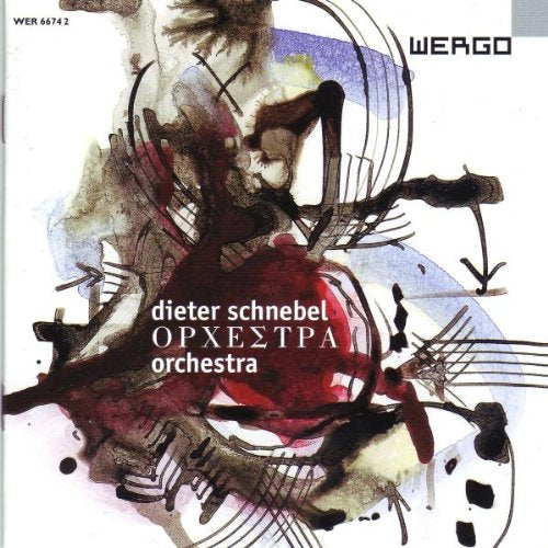 The image is a CD cover with abstract art and white text. alt text: Abstract CD cover with "dieter schnebel orchestra" text and black, red, and blue artwork.