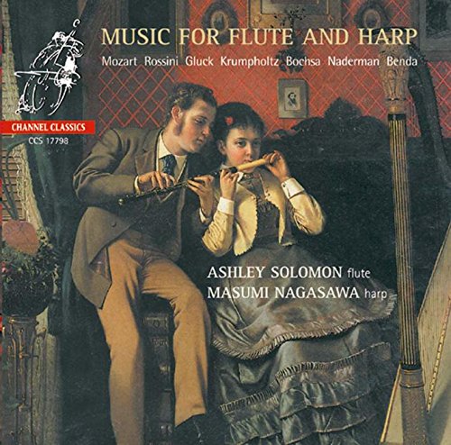 "CD cover art: man and woman playing flute and harp in ornate setting."