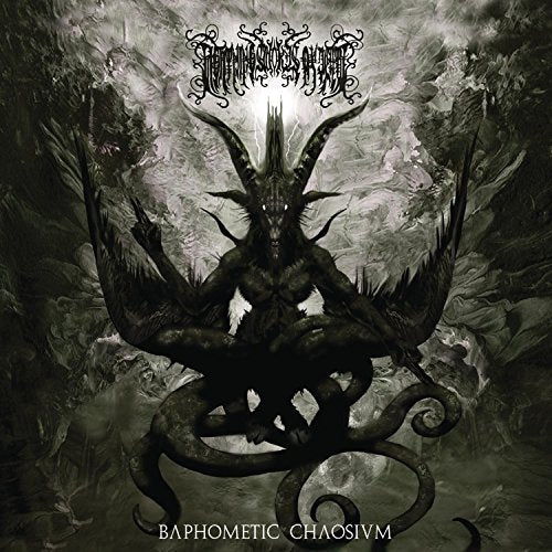 Dark album cover with a horned, winged figure sitting cross-legged in a chaotic landscape.