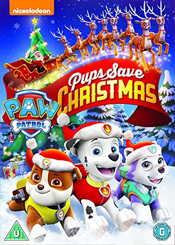 "Paw Patrol Pups Save Christmas DVD cover featuring cartoon dogs in Santa hats."