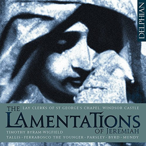 "Lamentations of Jeremiah" CD cover featuring a blue-toned stone sculpture of a crying figure.