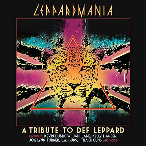 "Album cover with leopard head in triangle on black background, colorful splashes and text."