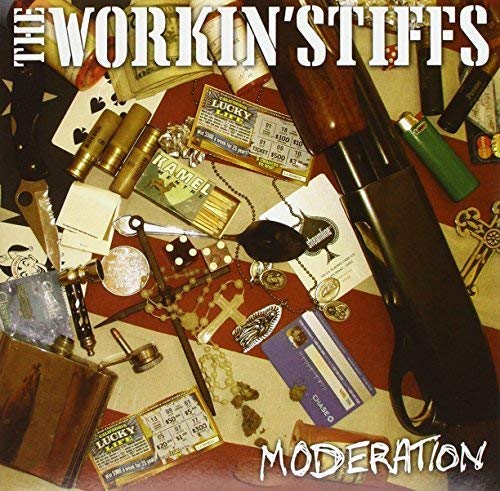 The Workin' Stiffs" album cover, "Moderation," featuring scattered objects on red.