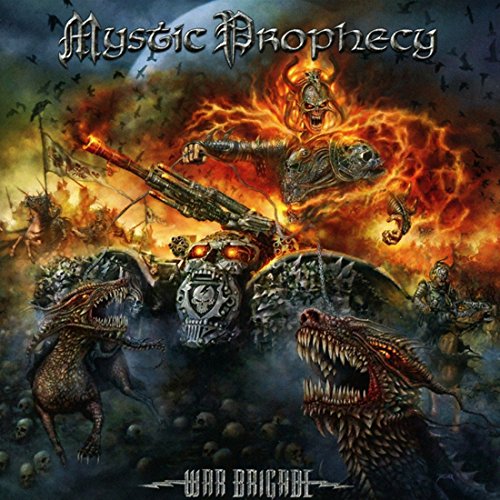 Album cover: fiery battlefield scene with armored figures and dragons.