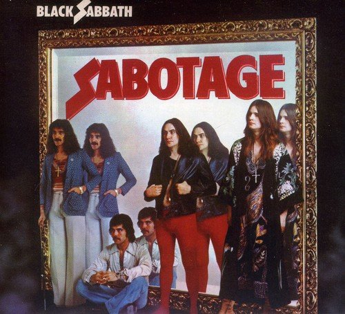 "Album cover with 'SABOTAGE' in red, surrounded by ornate gold frame and band members."