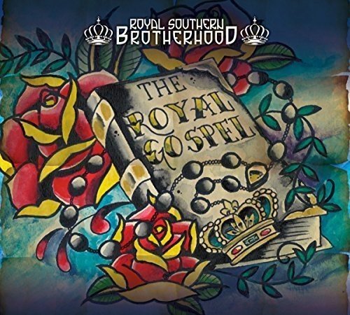 "Album cover with 'The Royal Gospel' text, surrounded by roses, crown, and blue background."