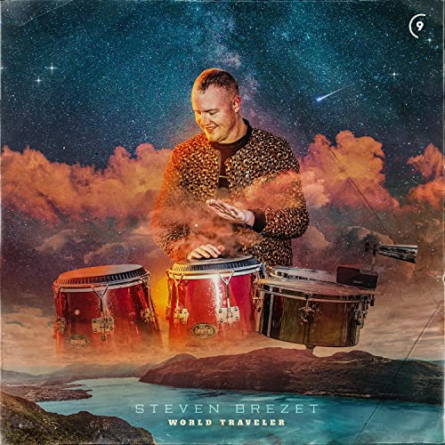Album cover for Steven Brezet’s “World Traveler” featuring a man and drums.