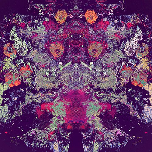 Symmetrical, colorful floral and abstract pattern on a dark purple background.