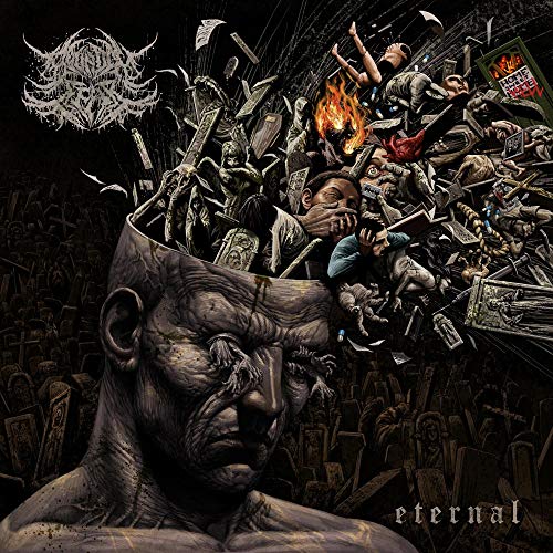 Dark album cover depicting a fractured head filled with chaotic imagery.