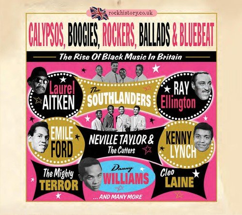 "Album cover with pink background, featuring various artist names and black-and-white portraits."