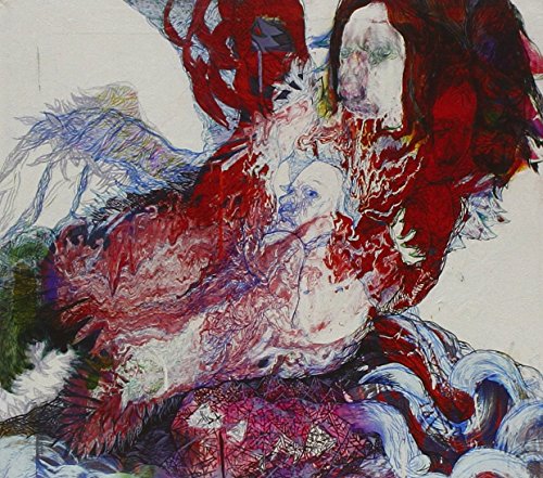 Abstract red and white painting of a figure with flowing lines.