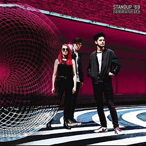 "Album cover with three people standing in front of a red wireframe sphere."